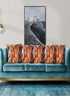 PALAK SAXENA Set of 5 Decorative Cushion Covers, 40 x 40 cm, Square Cotton Linen Rajasthani Couple Decorative Cushion Covers with Hidden Zip, Single-Sided Print, Decorative Cushion Covers for Sofa