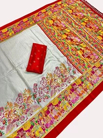 Premium Dola Silk Saree – Golden Print Elegance with Blouse Piece