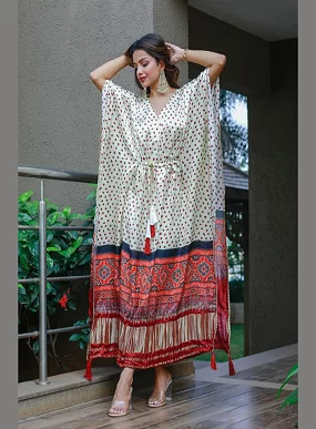 Designer Satin Kaftan – Printed Elegance with Fancy Latkan & Lace Detailing | Women’s Kaftan | Printed Satin Kaftan Dress | Free Size Ethnic Wear