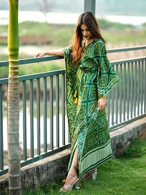 Designer Satin Kaftan – Printed Elegance with Fancy Latkan & Lace Detailing | Women’s Kaftan | Printed Satin Kaftan Dress | Free Size Ethnic Wear