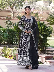 Premium Viscose Dyable Jacquard Gown with Embroidered Russian Silk Dupatta