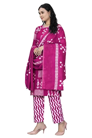 Buy Premium Pure Cotton Kurti Set for Women, 3-Piece Suit with Palazzo & Mal Cotton Dupatta, V-Neck Design