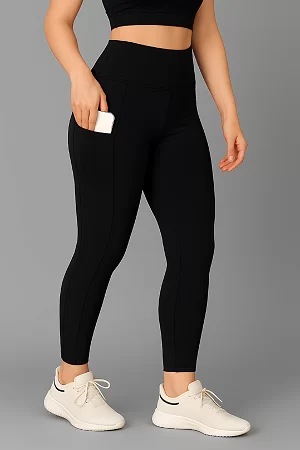 WUGO High-Waist Tights for Women – 4-Way Stretch, Side Pockets, Moisture-Wicking | Sports Leggings | Full Black