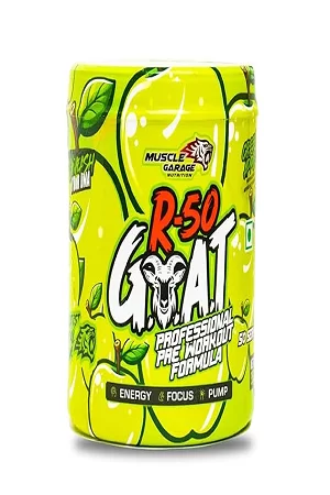 Muscle Garage R-50 GOAT Pre-Workout| Energy, Focus, Strength & Muscle Pump Booster | 50 Servings – Explosive Performance Supplement | 350 gm (350gm, Green Apple)