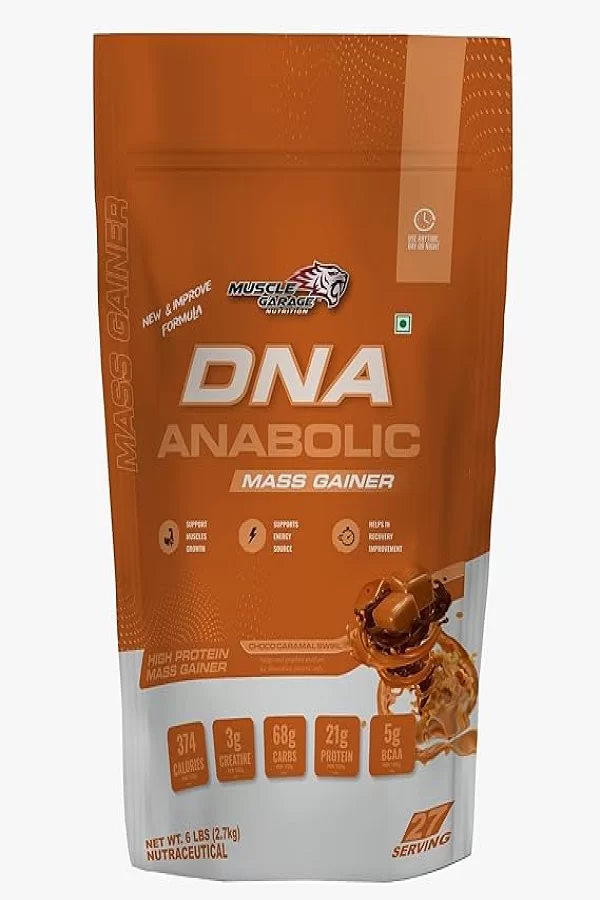 Muscle Garage DNA Anabolic Mass Gainer | High Protein Weight Gainer | 374 gm Calories, 68gm Cabs, 21 gm Protein| Muscle Building & Recovery Supplement | Choco Carmel |2.7 Kg - 6LBS