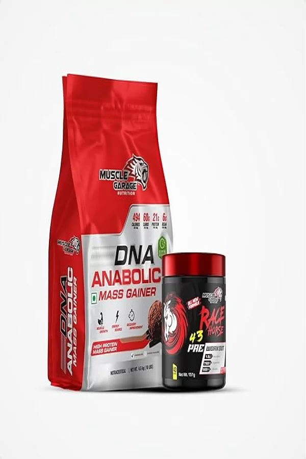Muscle Garage DNA Anabolic Mass Gainer | High Protein Weight Gainer Powder for Muscle Growth & Recovery| Chocolate Flavour 4.5kg | With Pre-Workout 151 gm | Watermelon Flavor | 43 Servings