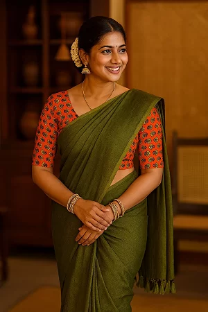 Green Colour Pure Khadi Cotton Saree for Women – Handloom Cotton Saree with Handmade Latkan & Hand-Painted Cotton Blouse